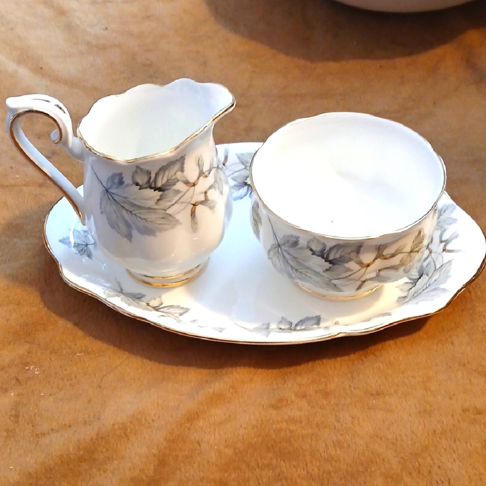 Elegant Royal Albert, SILVER MAPLE Cream, Sugar & Tray with Gold Trim